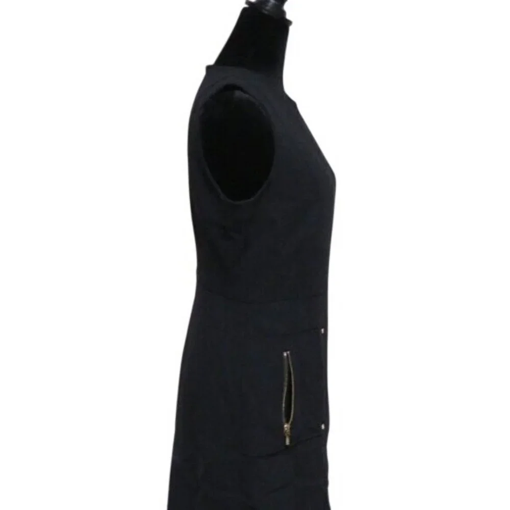 Tory Burch Black Wool Blend Sheath dress slash zipper pockets gold accents sz 4